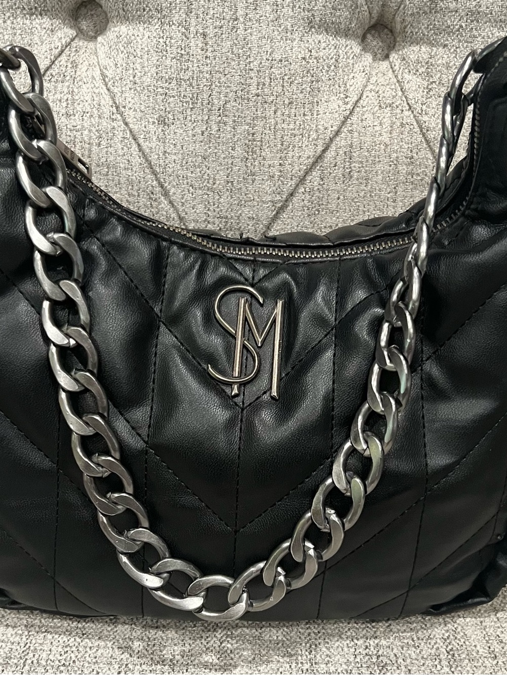 Steve Madden Quilted Black Leather Shoulder Bag with Metal Chain Strap